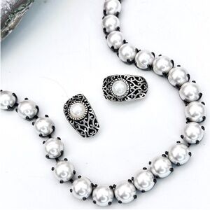 Faux Pearl+Black Chain Long Statement Necklace & Pearl+Silver Half Hoop Earrings
